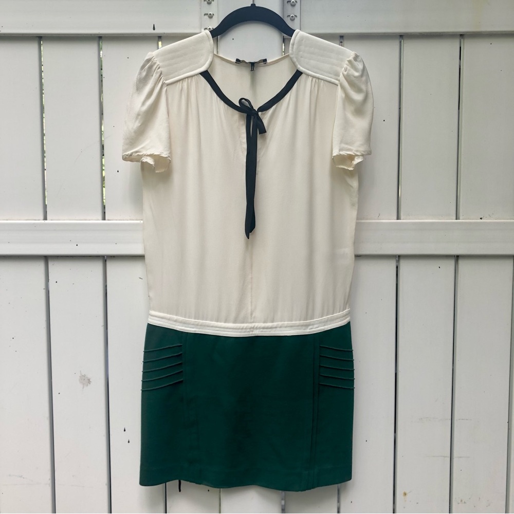 Maje Silk Tie Neck Dress with Green Skirt sz 1